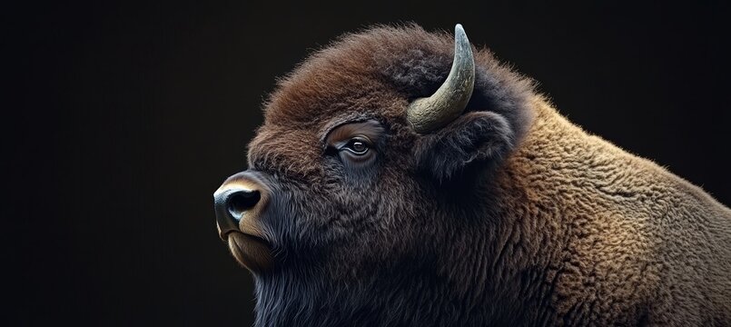 Majestic Bison Portrait A Close-Up of This Powerful Herbivore Set Against a Dark Background