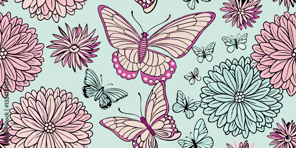 Poster vector seamless pattern with doodle butterflies