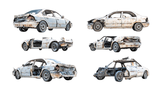 Pack Damaged Car Set Against Transparent Background for Accident Reports, Insurance Claims, or Vehicle Repair Advertising