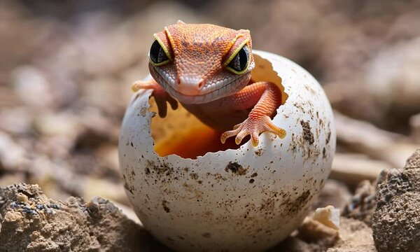 A vibrant gecko emerging from its eggshell in a natural setting, surrounded by earthy textures