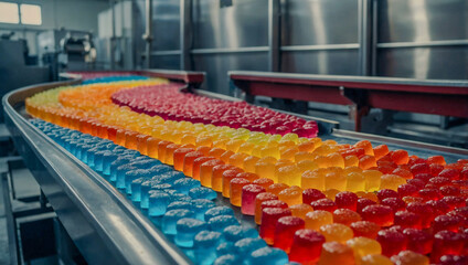 Naklejka premium Colorful gummy candies on a conveyor belt in a candy factory.