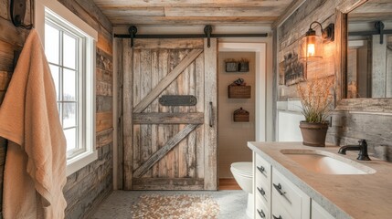 A rustic wooden WC door with a sliding barn-style design in a cozy cottage bathroom