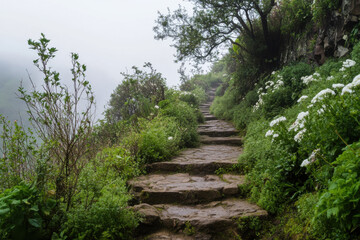 Obraz premium Stone stairs leading up a misty mountain path with lush vegetation and white flowers