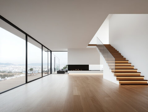 Modern duplex apartment with floating staircase, floor-to-ceiling windows, and wooden flooring. Contemporary open-concept living space with sleek architectural design.