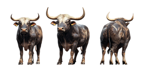 Three powerful water buffalos with large horns are standing in different poses, isolated on a pristine transparent background.