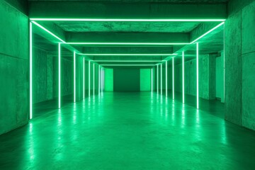 Neon Green Tunnel of Abstract Architectural Design with Reflective Floor