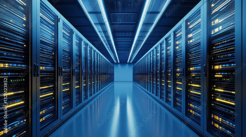 Poster a high-tech data center with rows of server cabinets