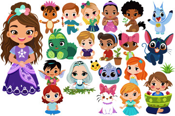Fantasy Cartoon Characters Set – Cute Boys, Girls, and Fantasy Pets (EPS)