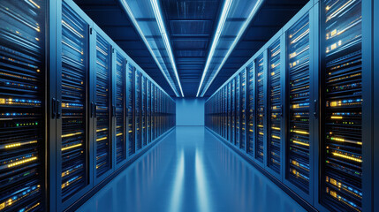 A high-tech data center with rows of server cabinets