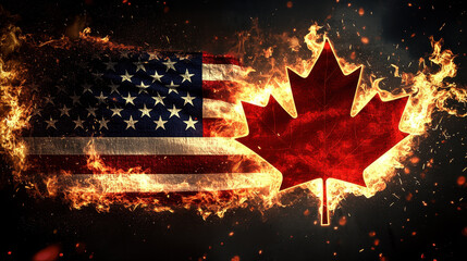 The American flag and the Canadian maple leaf engulfed in flames. A symbol of conflict between two countries, with a blurred background