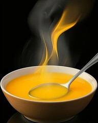 Steaming bowl of delicious yellow soup food and drink, icon