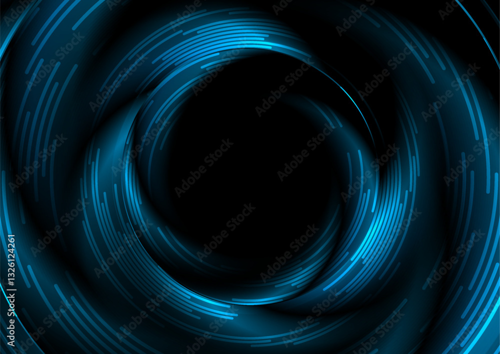 Poster blue black glossy circles and radial lines abstract glowing geometric background. vector design