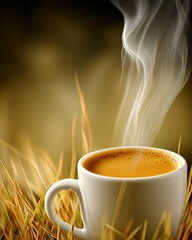Warm coffee cup with steam in natural setting. food and drink, icon