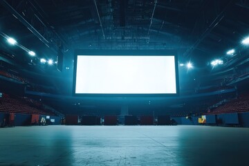 Sports venue with empty distant stands and blank ad spaces.