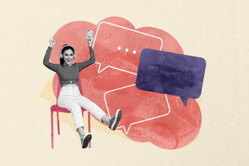 Exclusive art banner collage of happy girl sit chair listen music headphones bubble communication...