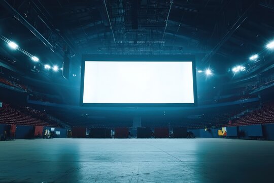 Sports venue with empty distant stands and blank ad spaces.