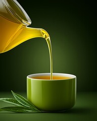 Refreshing green tea being poured into a cup. food and drink, icon