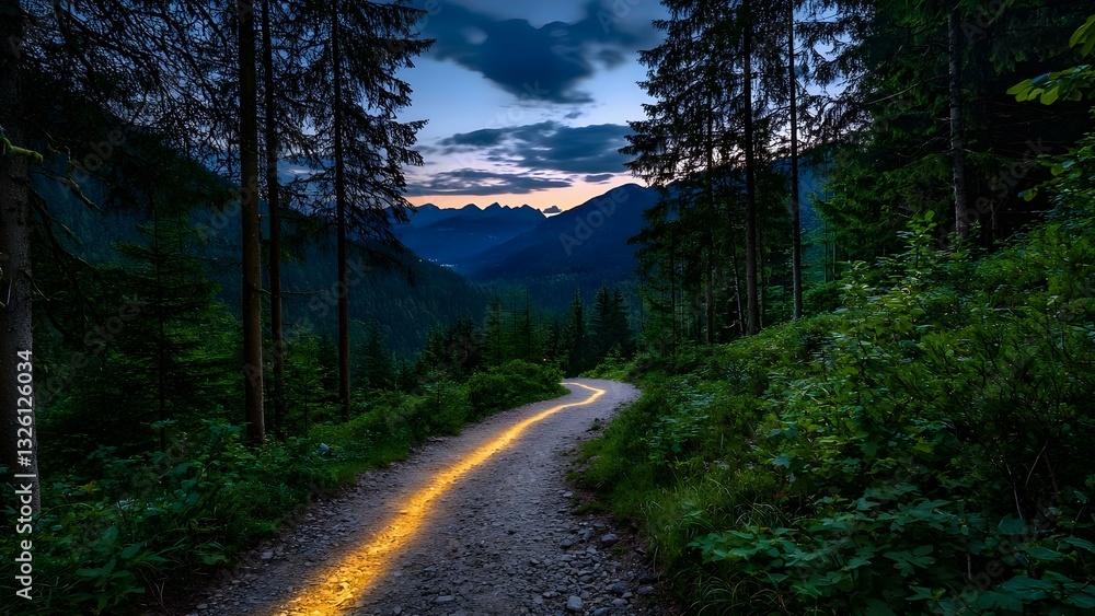 Poster a winding path illuminated by a warm glow, surrounded by tall trees and mountains under a twilight s