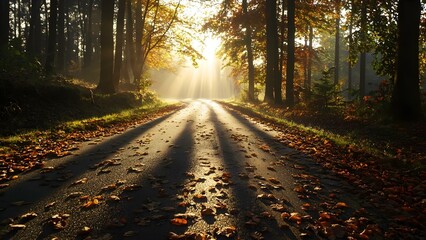 Obraz premium A scenic road through a forest, illuminated by sunlight with autumn leaves scattered on the ground. Concept Autumn Forest Road, Sunlit Pathway, Scenic Drive, Fallen Leaves, Nature's Beauty