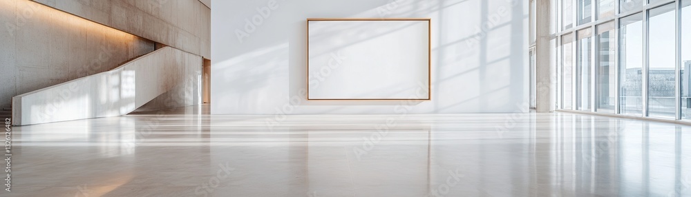 Poster this spacious gallery features a large blank floating frame against a white wall, illuminated by sof