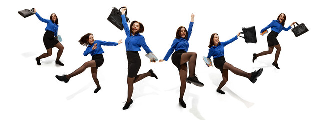 Joyful businesswoman in blue shirt and black skirt dynamically moving with bag and documents, expressing success and energy. Collage. Concept of achievement, motion, career, lifestyle, emotions.