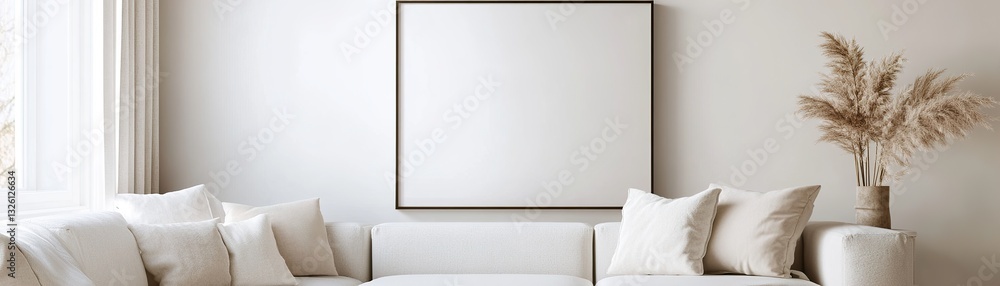 Poster a large blank rectangular frame with a thin black border is mounted on a crisp white wall. the minim
