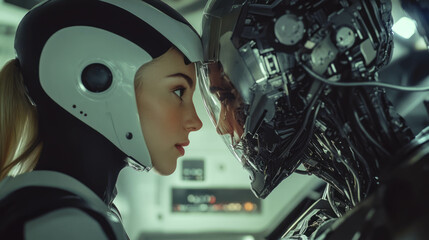 Fototapeta premium Futuristic human-robot interaction in a cinematic setting