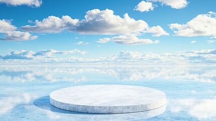 A white circular podium sits in the middle of a calm blue lake, surrounded by clouds.