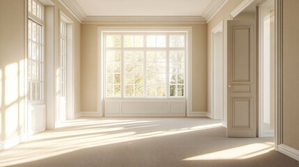 Empty room interior new house, open door, carpet and sunlit window