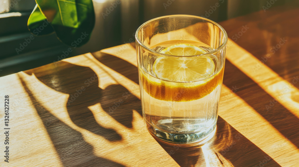 Poster refreshing beverage concept with lemon slice in sunlit water for summer design