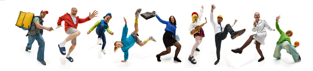 Group of diverse people from different professions and lifestyles energetically moving in...