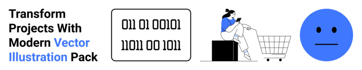 Woman browsing on smartphone beside shopping cart, binary code display, and blue emotion. Ideal for e-commerce, digital transformation, technology, online shopping, innovation, user experience flat