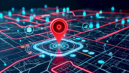 Futuristic digital navigation map with glowing location pin and smart technology for real-time GPS tracking

