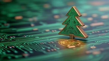 Gold Christmas Tree on Circuit Board with Neon Green Lines