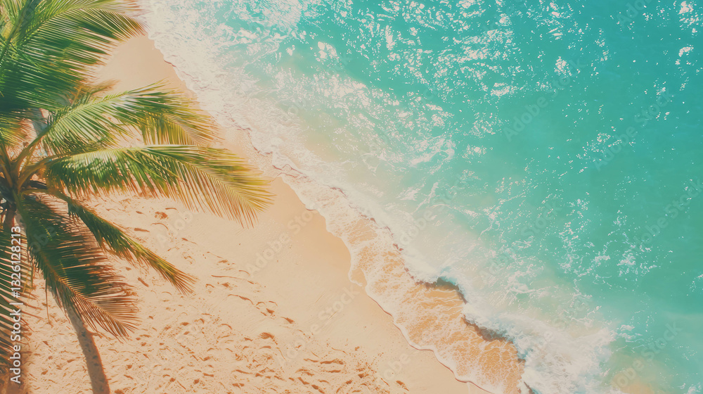 Aufkleber tropical beach scene with palm tree and azure waves for summer design