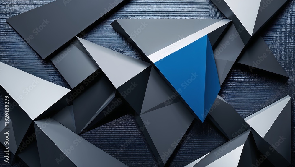 Poster a dynamic geometric layout with sharp-edged polygons and fine crosshatch textures, evoking strength 