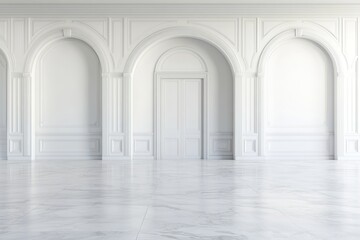 This empty room boasts high ceilings and elegant arched doorways, complemented by soft white walls and light gray marble flooring. Perfect for showcasing premium designs and real estate
