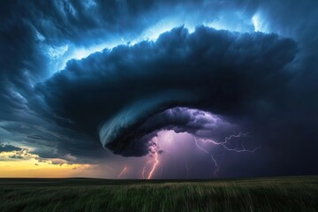 Dark storm clouds swirl ominously above open fields, threatening to unleash a powerful tornado Generative AI