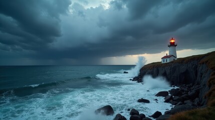 Obraz premium A stormy coastline with dark clouds rolling in, powerful waves crashing against a lighthouse perched on a jagged rocky cliff, dramatic tension in the atmosphere.