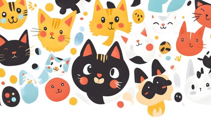 Fototapeta premium A group of cute cartoon cats and dogs gathered together, playing and interacting in a joyful and whimsical scene.