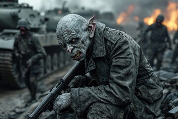 Action-Packed Fantasy War Scene: Goblin Sniper in Tattered Wehrmacht Coat Adjusts Rifle on Tank Turret Amidst Chaos of German Tanks and Fiery Ruins