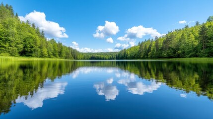 Serene Lake Surrounded by Lush Green Forest Under Blue Sky