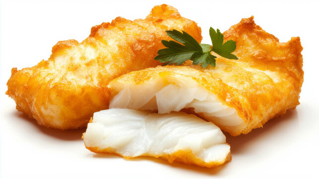 Crispy fried fish fillet nuggets with fresh herb garnish on white background