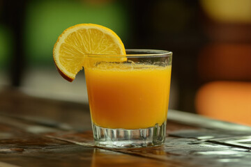 Refreshing orange juice with a slice of orange on a rustic wooden table