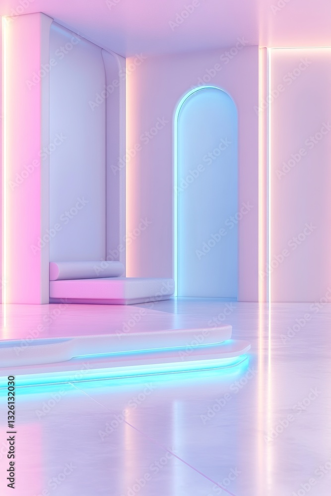 Poster this space features a minimalistic design with smooth white walls and a glossy floor. ambient lighti