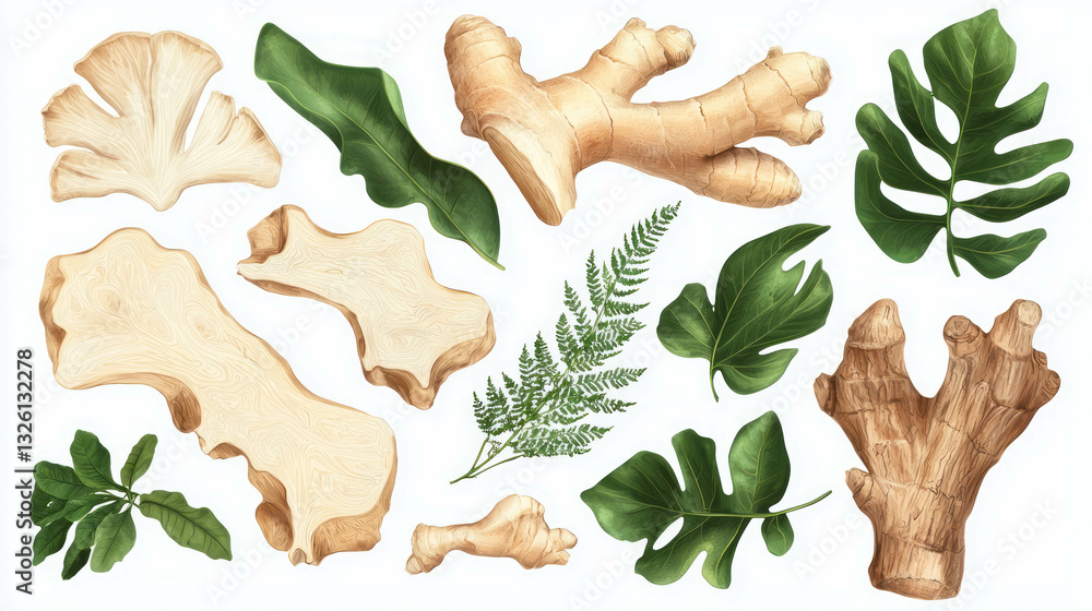 Poster ginger root and leaves composition with sliced pieces