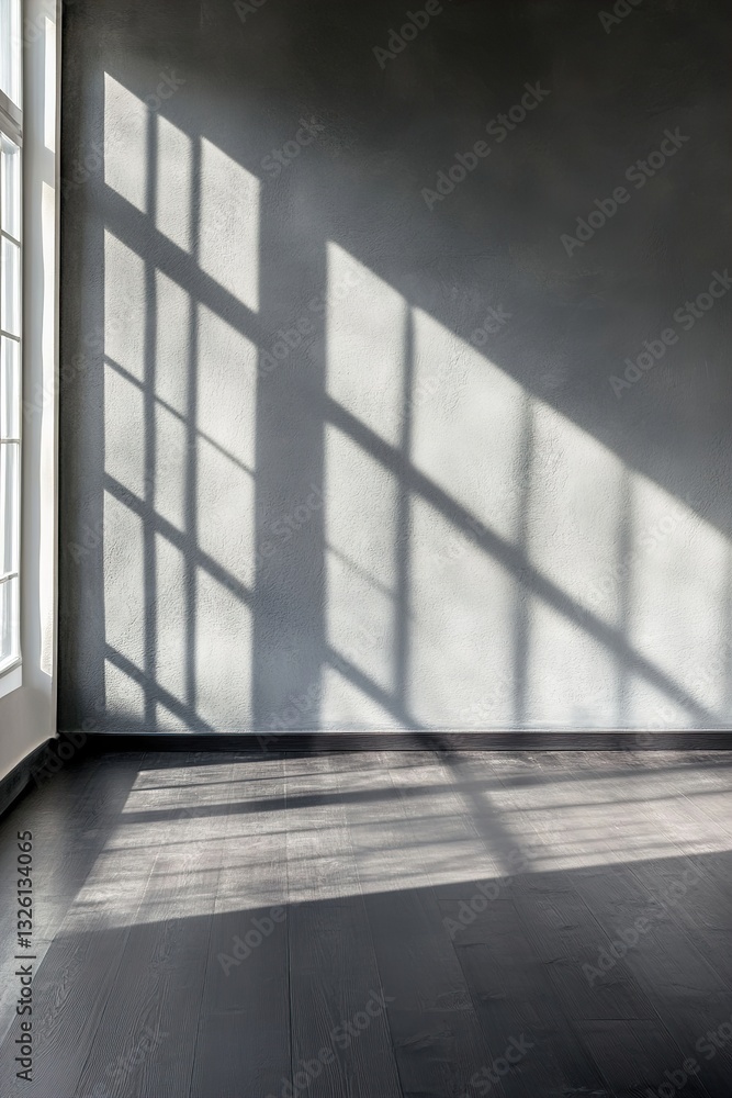 Poster a modern space with deep charcoal walls and a matte black wooden floor, illuminated by natural light