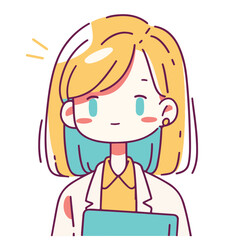 Cartoon woman with blonde hair, wearing lab coat and holding folder, smiling