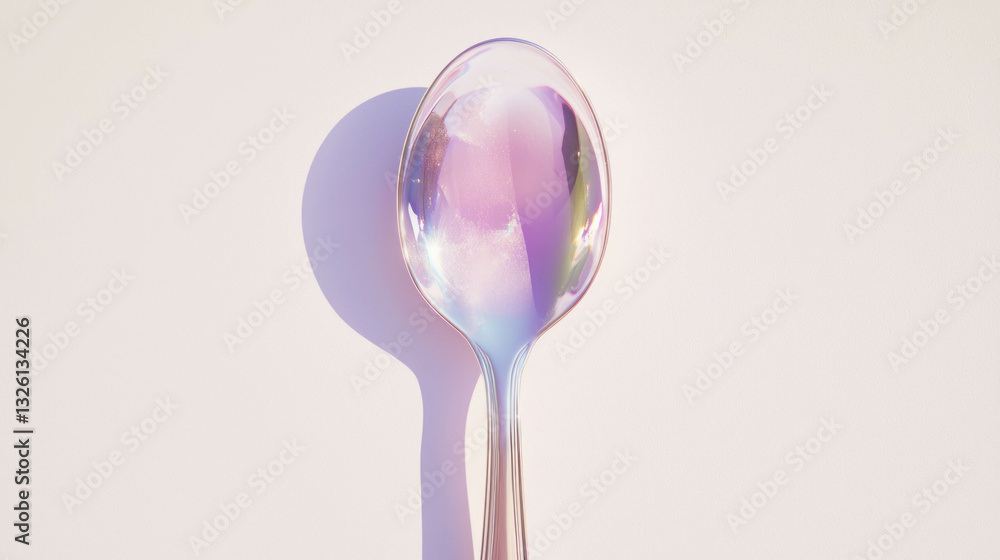Poster minimalist composition of reflective spoon casting colorful shadow