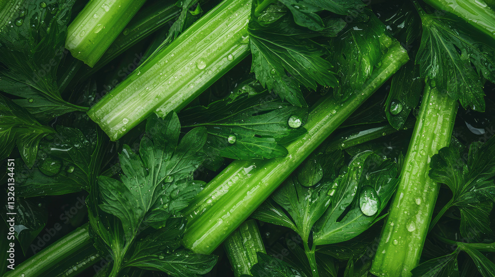 Poster fresh celery stalks with dew drops in overhead view for culinary inspiration